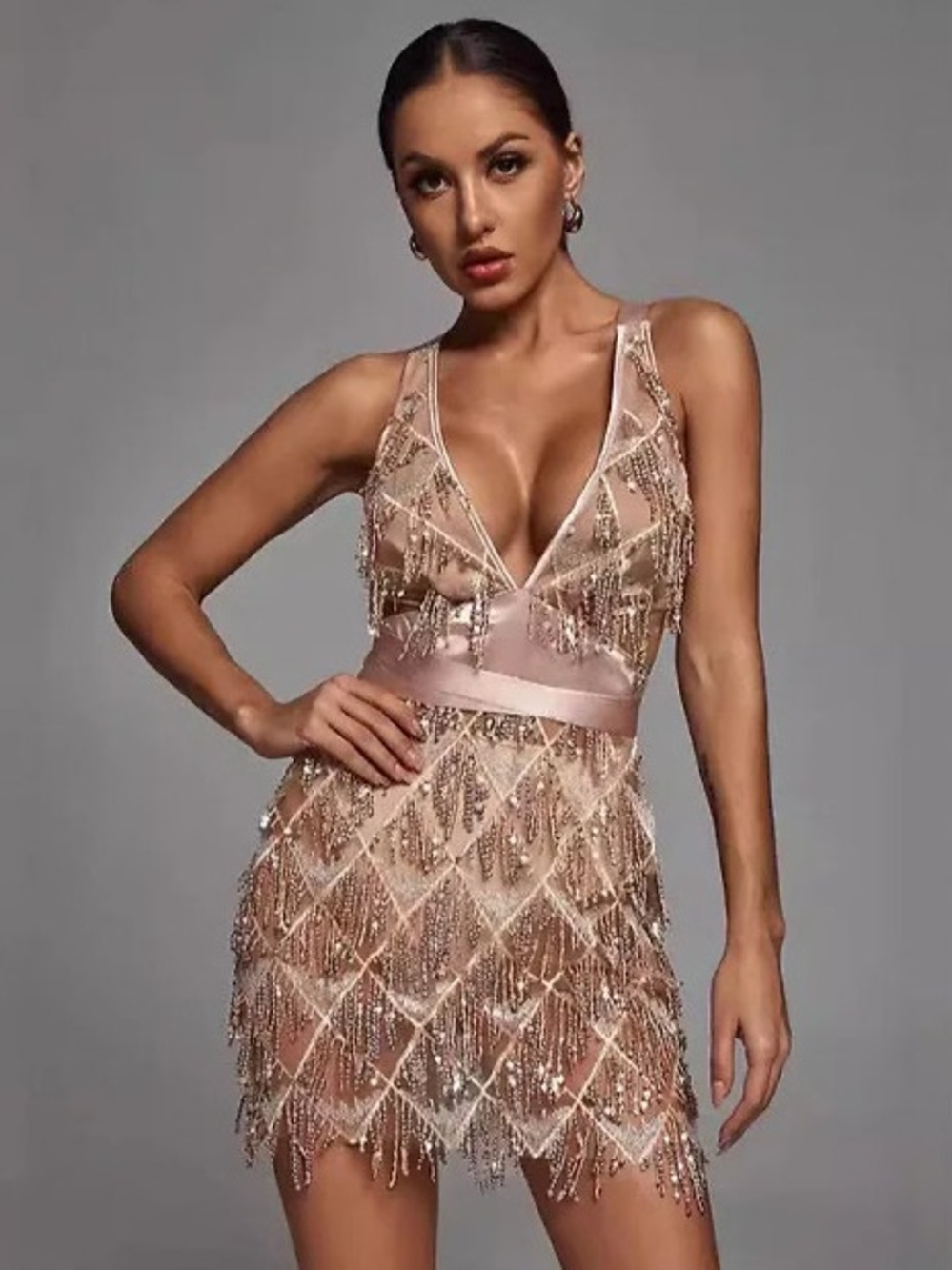 Beaded Fringe Rose Gold Cocktail Mini Dress with V Neckline - Women’s